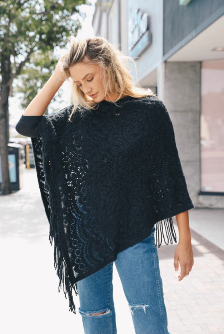 Scallop Lace Knit Poncho – Elegant Lace Detail - Black